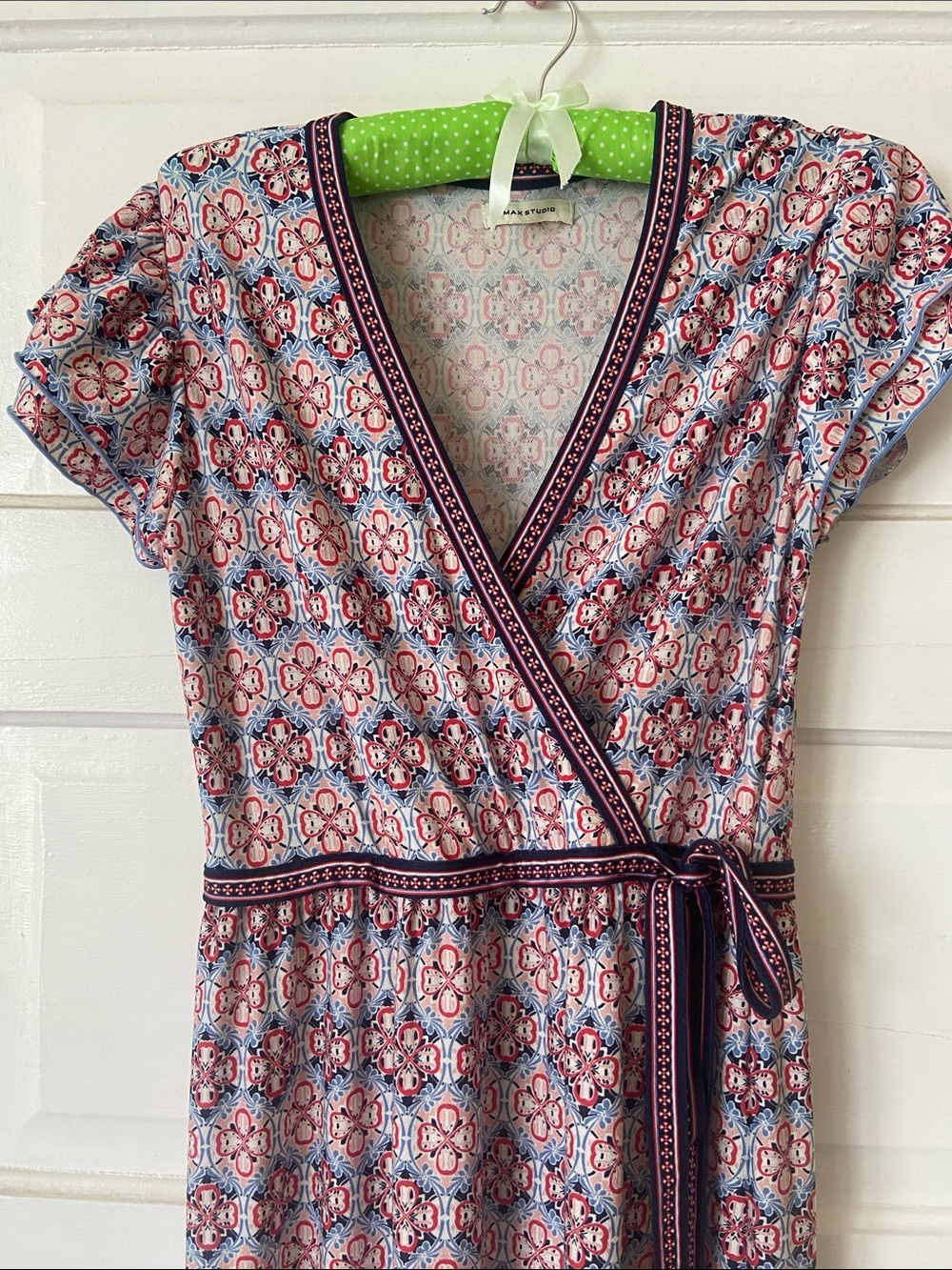 Max Studio Pink and Blue Floral Geometric Wrap Maxi Dress